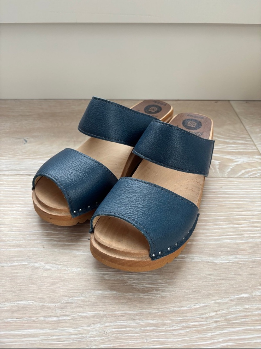 Troentorps Toffelfabrik Sandals Women’s Slides Blue Leather Wooden Heels